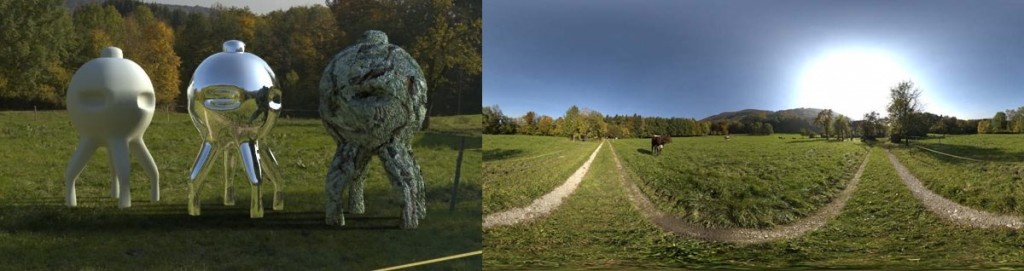 HDRI 360° field in autumn with cow