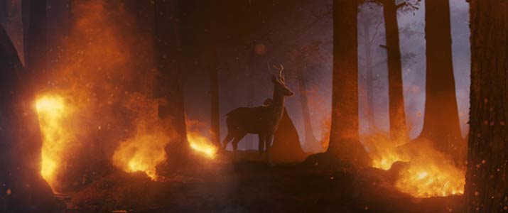 Deer standing in Burning Forrest